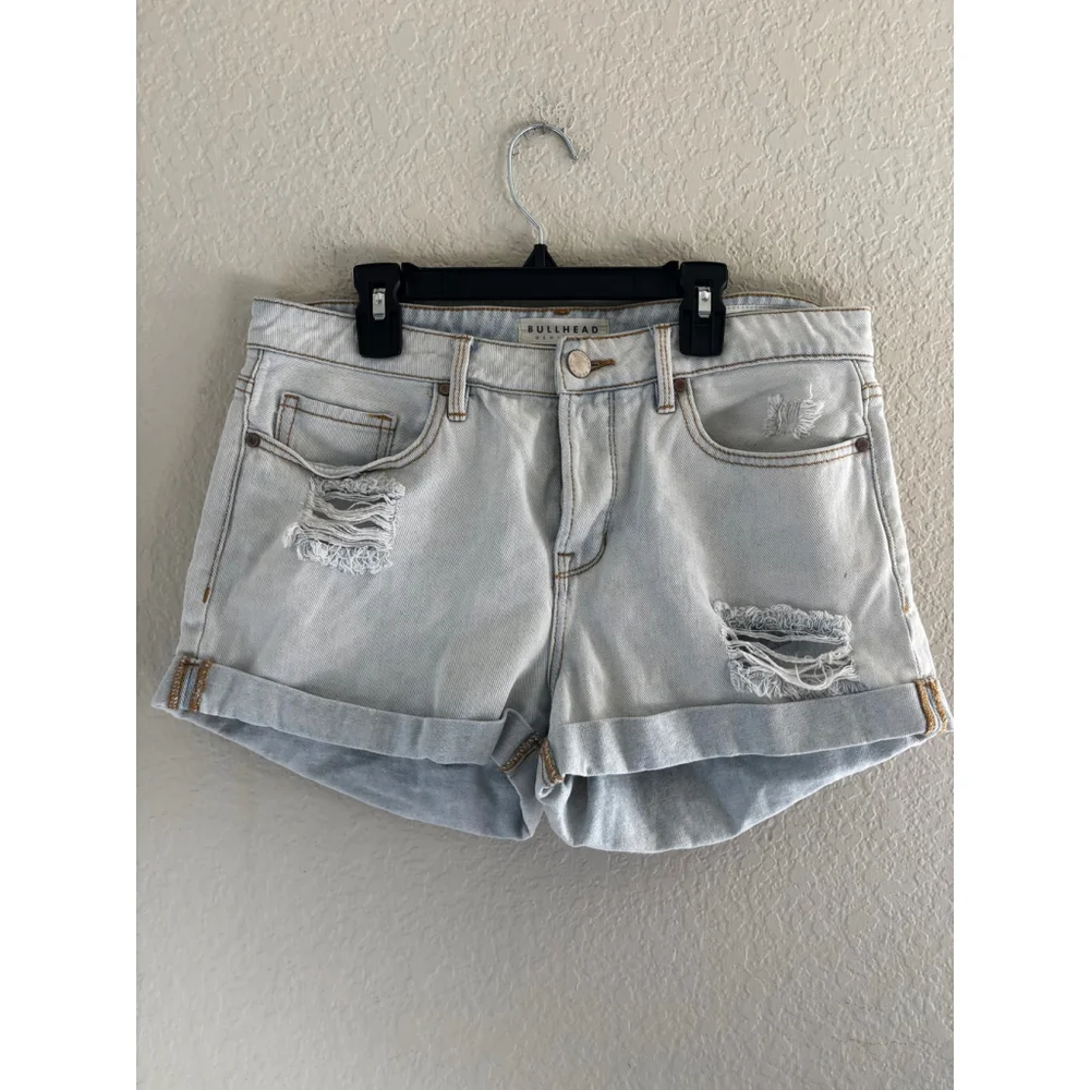 PacSun Bullhead Distressed Denim Shorts Blue Tan Size 29